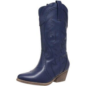 Women Cowgirl Blue Synthetic Mid Calf Embroidered Stitched Pointy Toe Boot